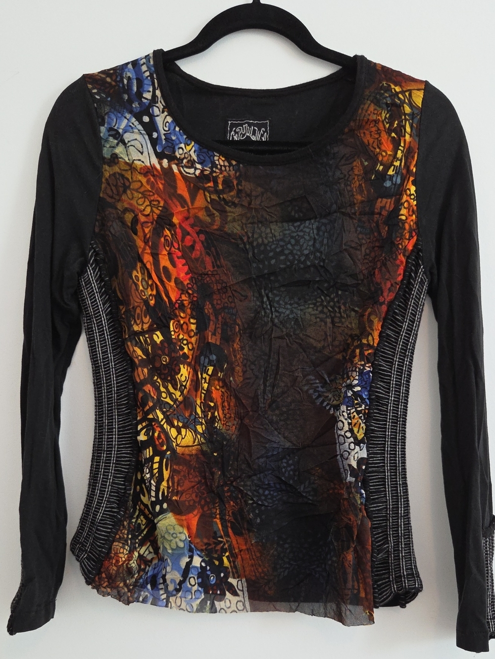 Aldo Martins Black Long-Sleeve Top with Orange & Blue Abstract Print